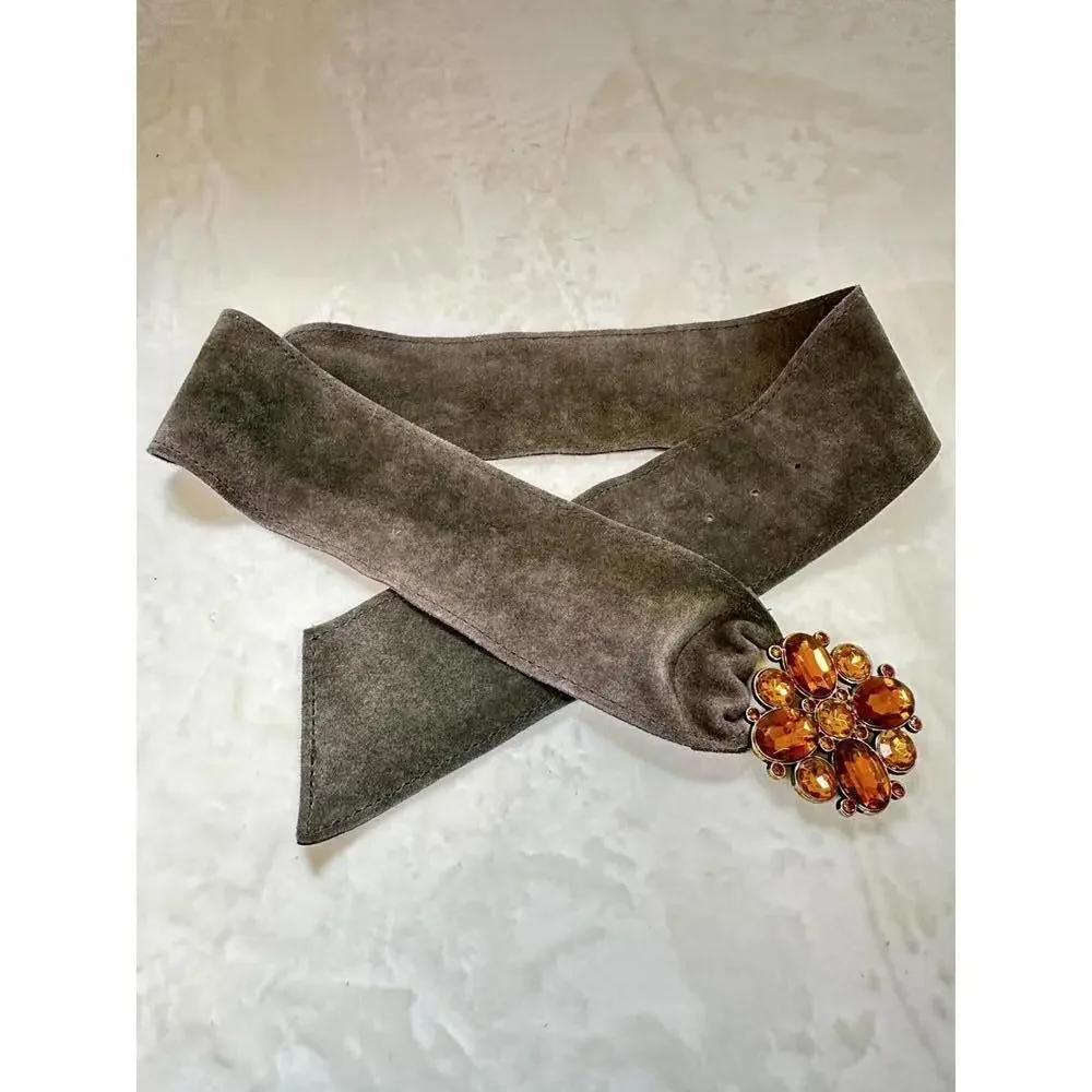 Olive Green Suede Belt with Amber Gemstone Buckle Adjustable Y2K Small/Medium
